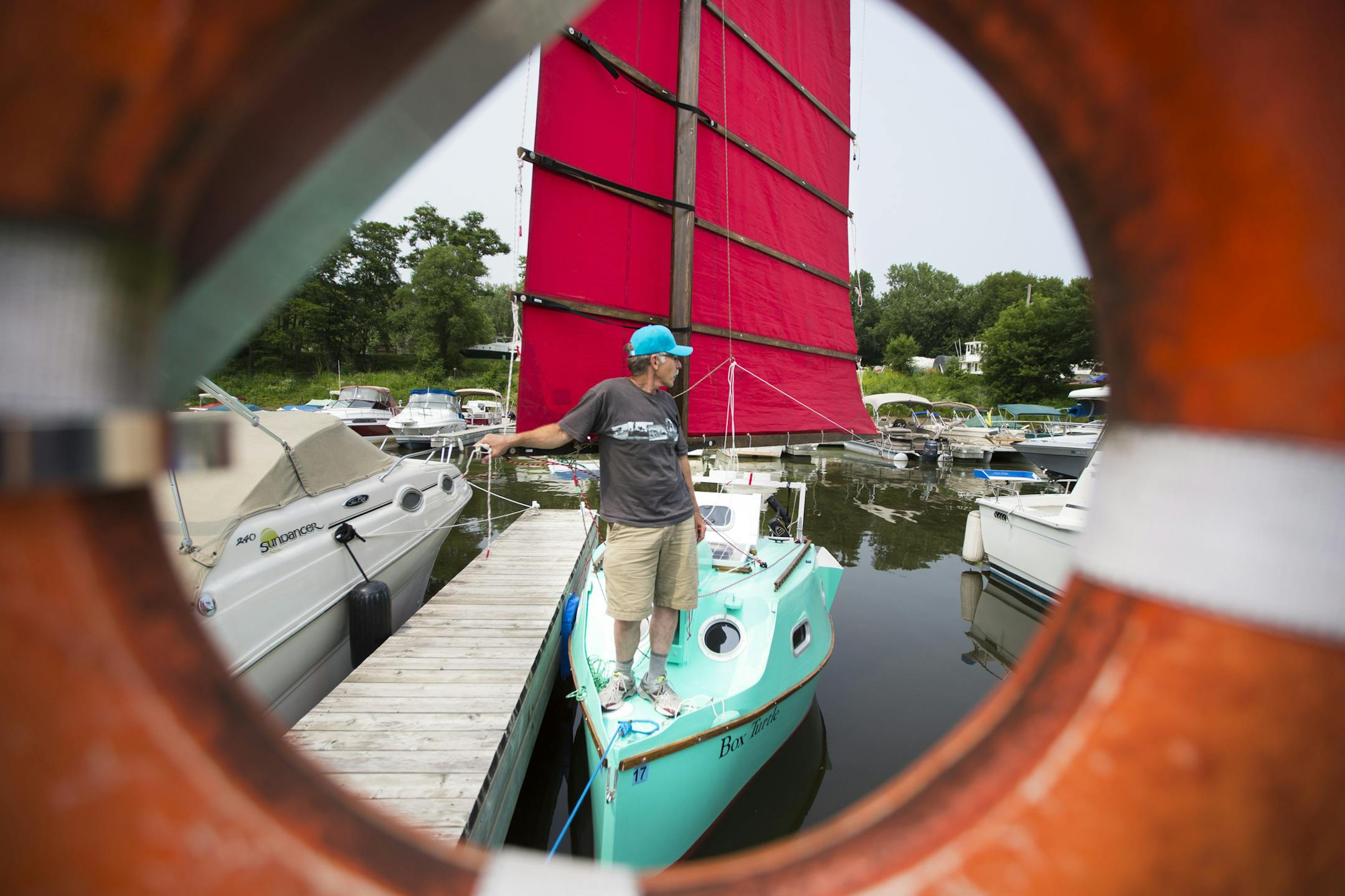 Bert Chamberlain is sailing down the Mississippi River to New Orleans starting this weekend in the sailboat he made and named Box Turtle. He was photographed on Friday, July 3, 2015, in St. Paul, Minn. ] RENEE JONES SCHNEIDER ï reneejones@startribune.com