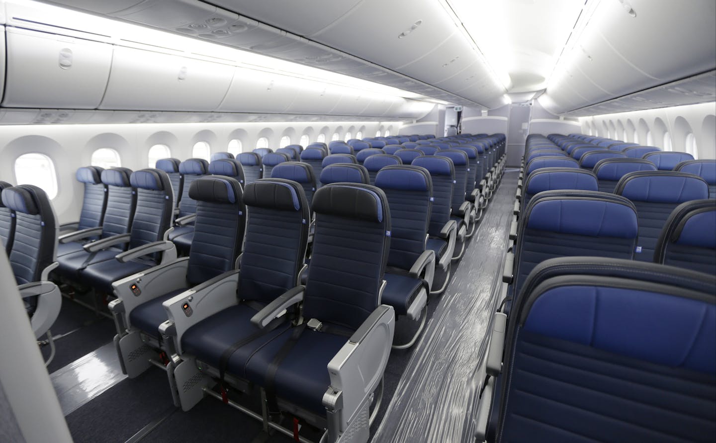 Economy class seating is shown on a new United Airlines Boeing 787-9.