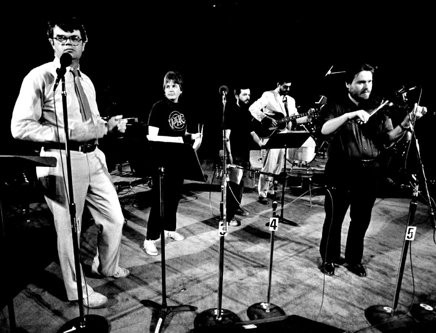 In 1984, Garrison Keillor with, from left, Marge Ostroushko, Steve Koeln, Greg Brown and Peter Ostroushko.