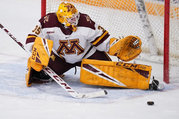 Gophers goaltender Lauren Bench extended to make a save earlier this season vs. Ohio State.