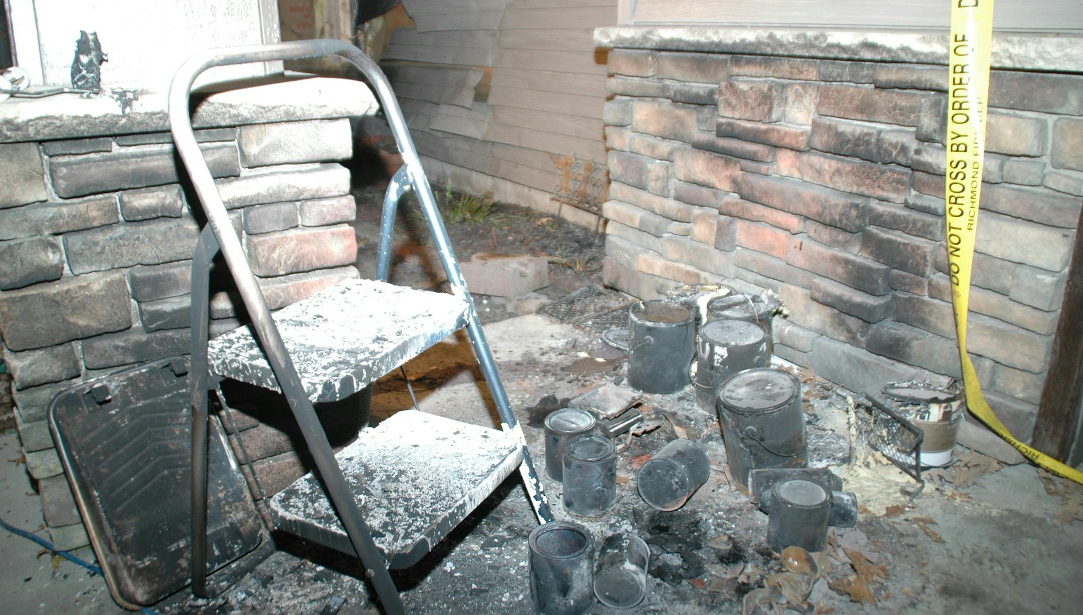 Photo after a 2010 fire in Cold Spring, Minn., that started in front of a garage, with investigators determining it ignited from a stain-soaked brush next to paint and stain cans after the homeowner stained garage doors. Photo courtesy of the Minnesota State Fire Marshal Division.