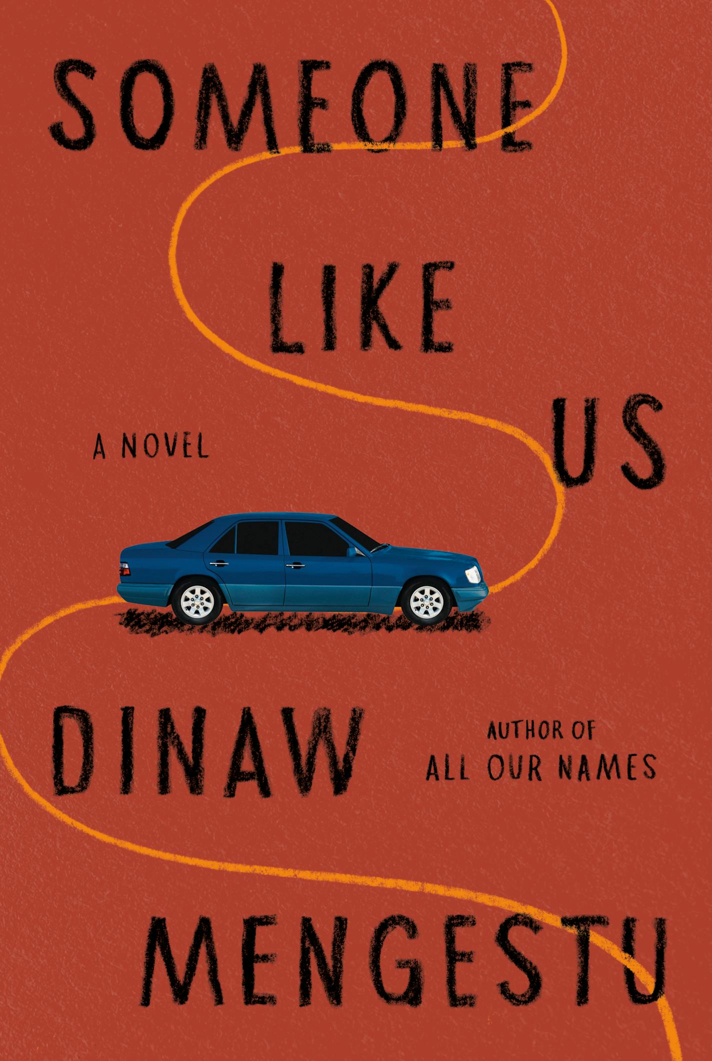 cover of Someone Like Us features a cartoony painting of a blue car on a circuitous route