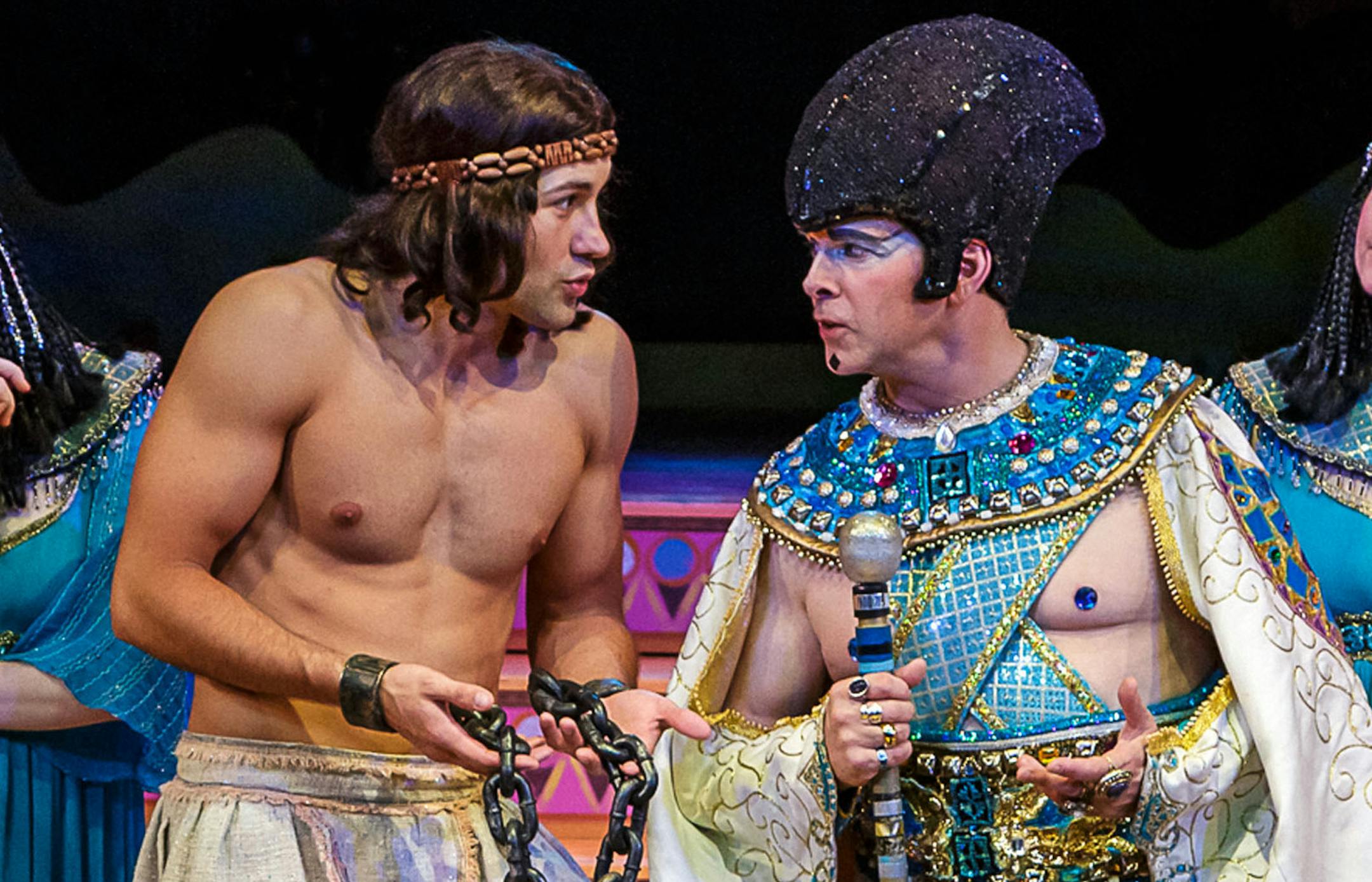 Jared Oxborough as Joseph, Keith Rice as Pharaoh and Jodi carmeli, bottom, as Narrator in "Joseph and the Amazing Technicolor Dreamcoat" at Chanhassen Dinner Theatres. ORG XMIT: MIN1304121435301777