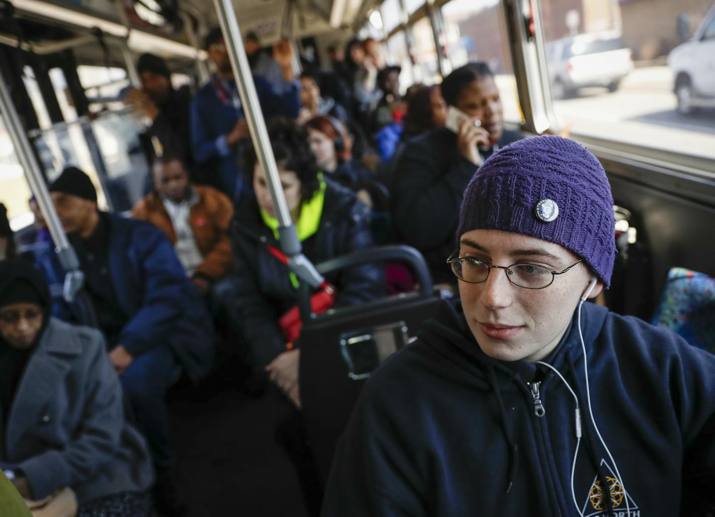 Danny Ostroot rode on Bus 5 that goes from Brooklyn Center to the Mall of America through downtown Minneapolis, Minn., on March 27, 2017. Osroot uses a wheelchair and relies on the bus multiple times a day to get to two jobs and the gym. ] RENEE JONES SCHNEIDER &#x2022; renee.jones@startribune.com Not sure the gender identity of this person so I would write around it.