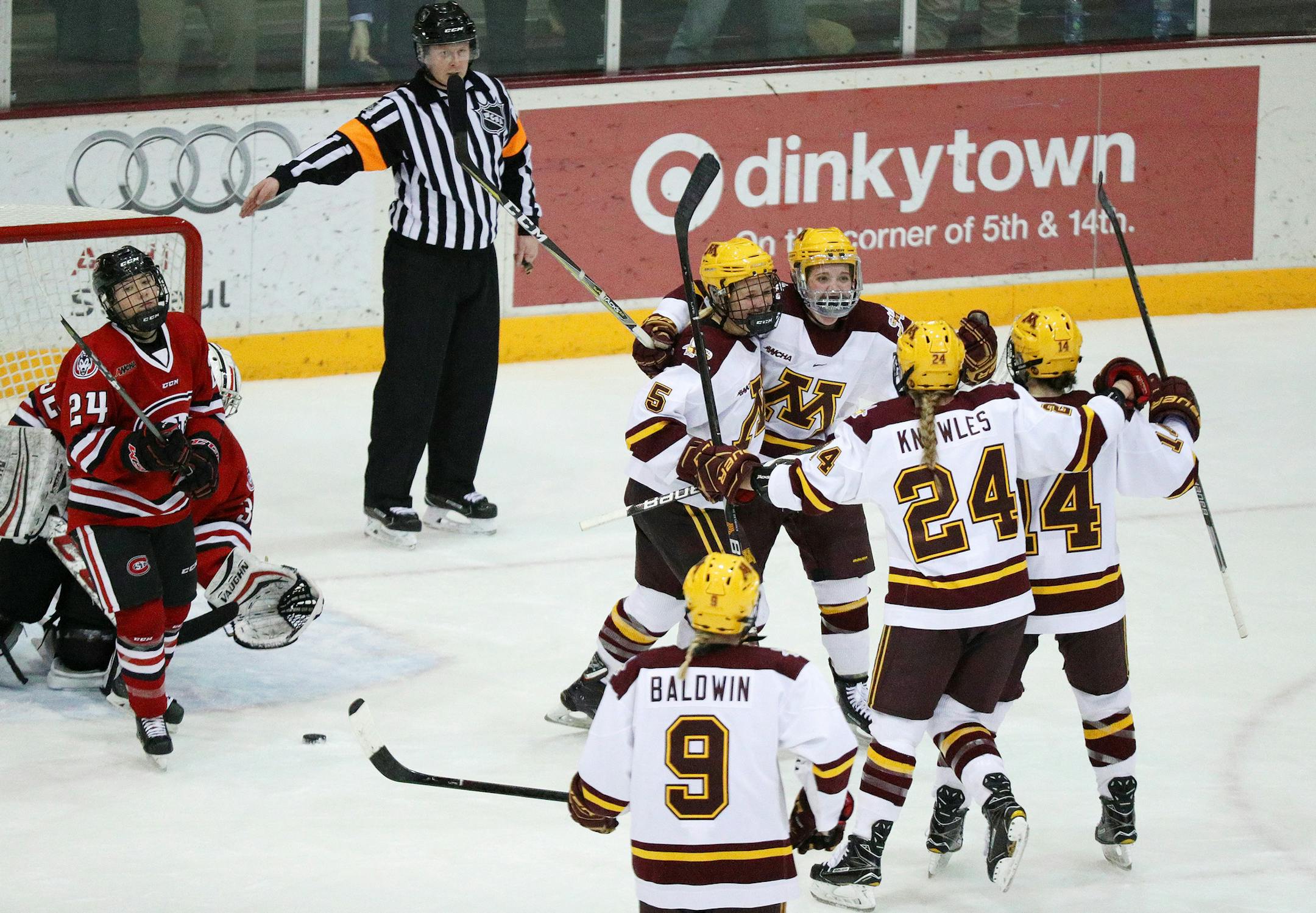Minnesota Golden Gophers players celebrated after Minnesota Golden Gophers forward Taylor Williamson (7) scored on St. Cloud State Huskies goaltender Emma Polusny (32) in the second period. ] ANTHONY SOUFFLE ï anthony.souffle@startribune.com Game action from a WCHA tournament first round hockey game between the Minnesota Golden Gophers and the St. Cloud State Huskies Friday, Feb. 23. 2018 at Ridder Arena in Minneapolis.