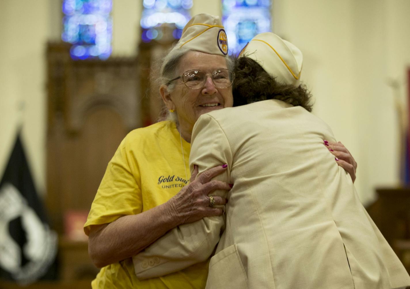 Margaret Ferguson embraces a fellow Gold Star Wife after placing a rose on the alter in the name of her late husband, Sgt. Billy H Ferguson. ] ALEX KORMANN &#x2022; alex.kormann@startribune.com The Gold Star Wives held a national convention in the Twin Cities this week. On Friday morning, they held their annual memorial service at the Fort Snelling Memorial Chapel to honor their fallen husbands who died during of after serving in the U.S. military. Emotions ran high as National Chaplain Jeanette