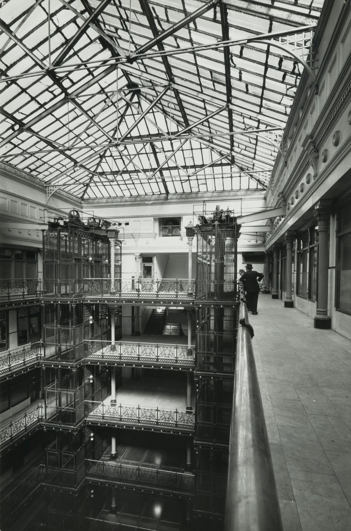 Skylight from the 12th floor, Metropolitan Building, 1961. The gallery floors here and on the two floors below were tile rather than glass, presumably because they were close enough to the skylight to receive direct daylight.