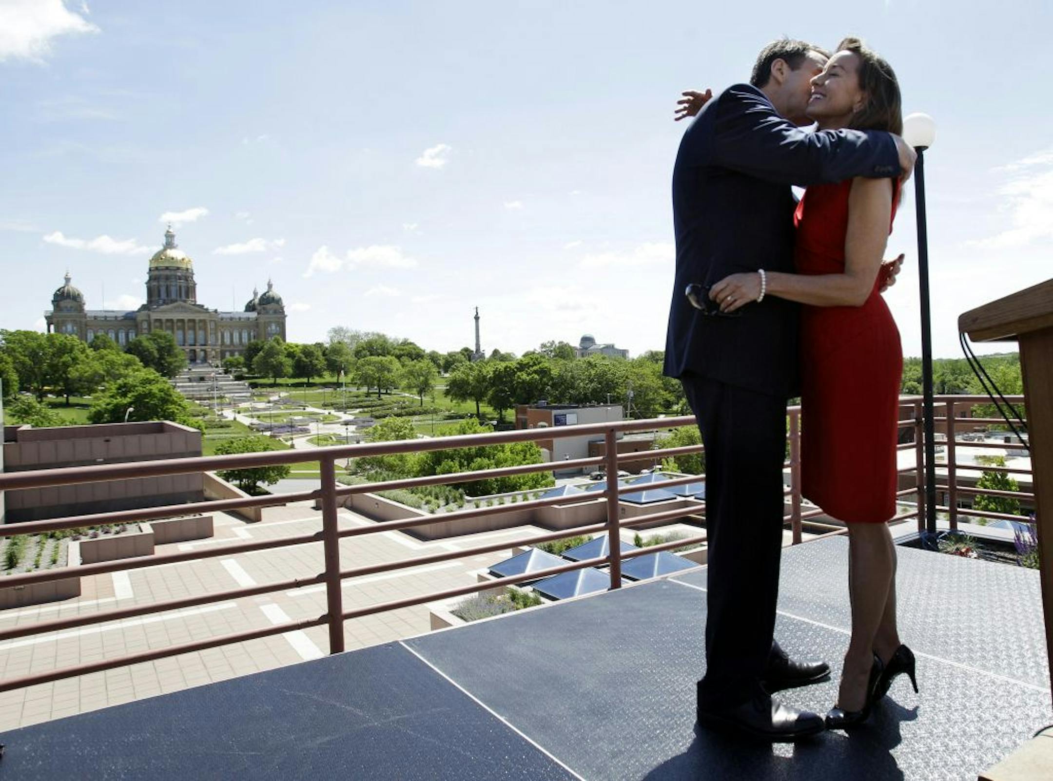 Former Minnesota Governor Tim Pawlenty kisses his wife Mary after she introduced him at a town hall meeting Monday, May 23, 2011, at the State of Iowa Historical Building in Des Moines, Iowa. Pawlenty was making his first campaign appearance since announcing his bid for the Republican nomination in an Internet video late Sunday.