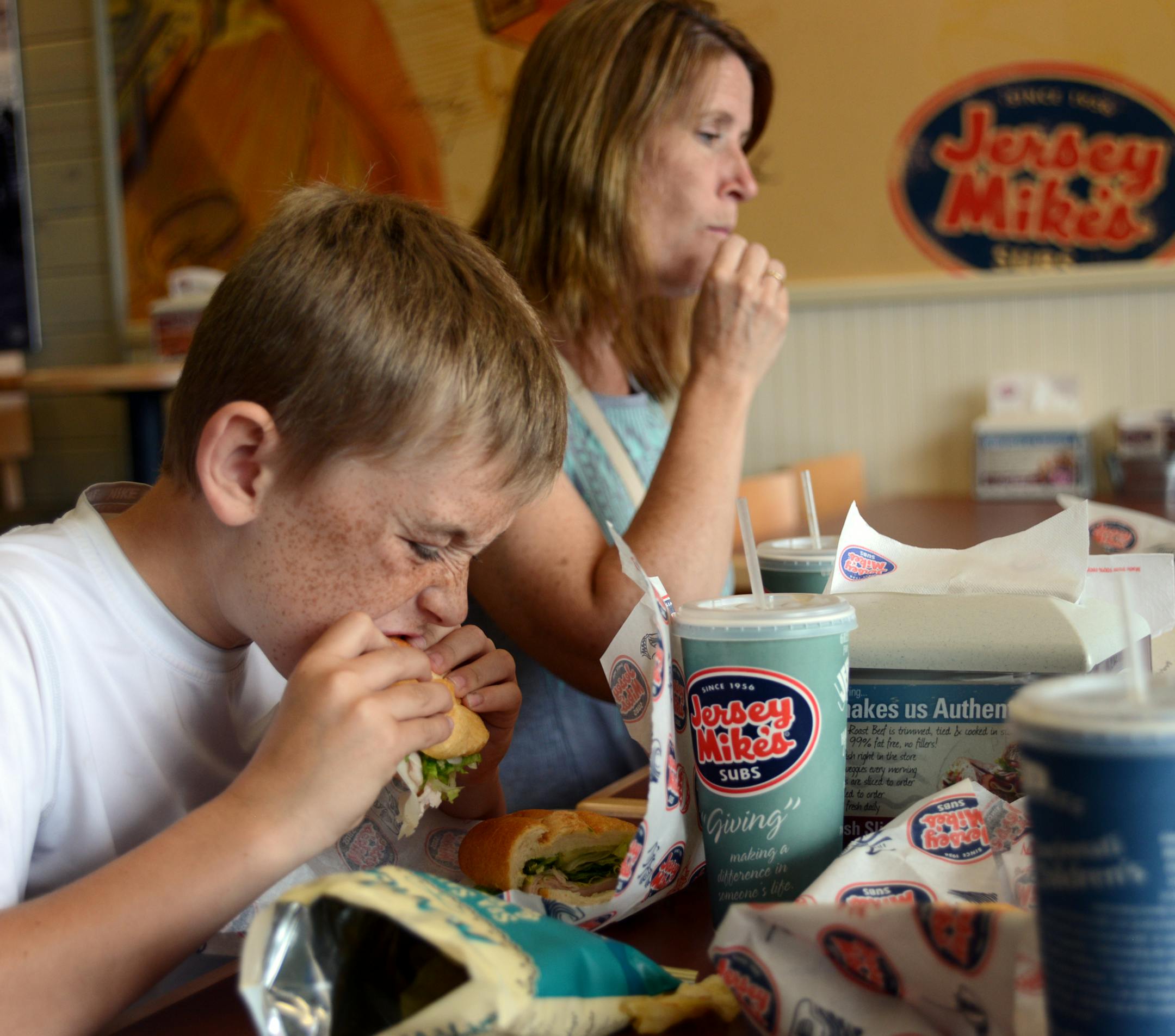 Laurie Sonstegard and her son Max, 10, dug into sandwiches at Jersey Mike’s in Blaine this week. The new Blaine restaurant follows the Jersey Mike’s location in St. Anthony. More are planned for the Twin Cities.