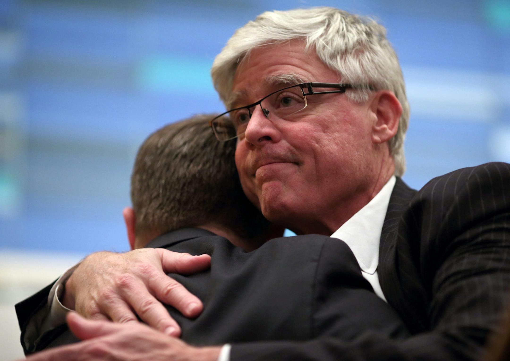 Minneapolis mayoral hopeful Mark Andrew conceded the election to Betsy Hodges Tuesday night at his election night headquarters at the Graves 601 Hotel in downtown Minneapolis. Afer thanking his campagin manager, Joe Ellickson, in his speech, Mark Andrew stepped away from the podium to give him a hug. ] JEFF WHEELER ‚Ä¢ jeff.wheeler@startribune.com