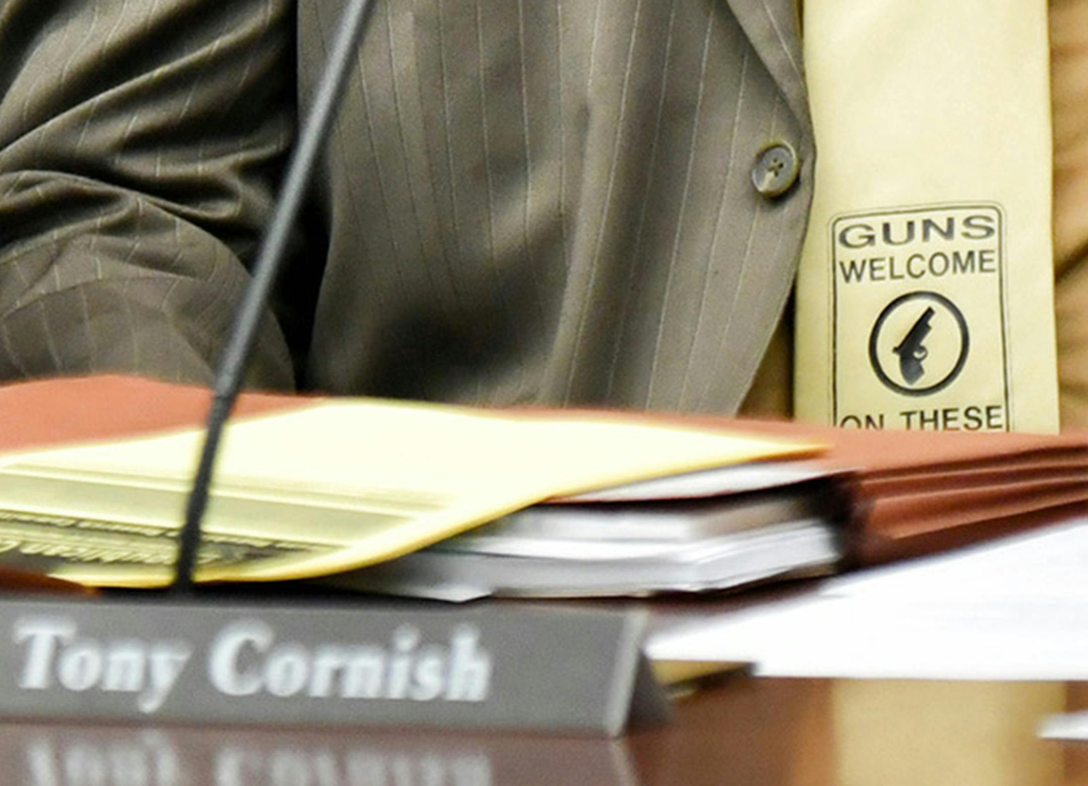 Tony Cornish, R-Vernon Center, House Public Safety and Security Policy and Finance committee. The committee voted to pass HF238, a bill that extended the rights of gun owners also known as the "stand your ground" law. Cornishes tie has the phrase "Guns Welcome on these Premises." ] GLEN STUBBE • glen.stubbe@startribune.com Tuesday, March 28, 2017 The House Public Safety and Security Policy and Finance committee passed HF238, a bill that extended the rights of gun owners also known as the