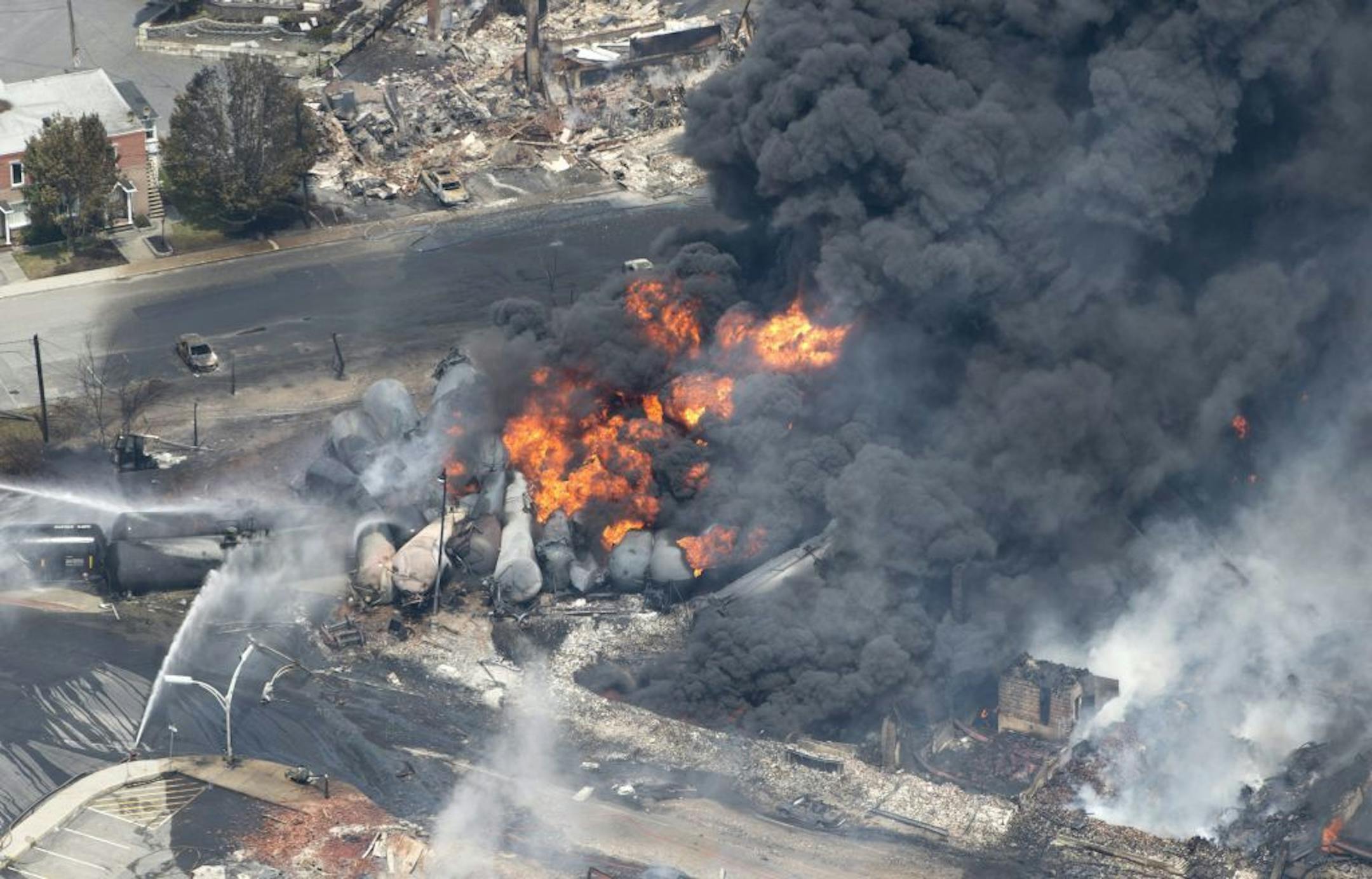 FILE - This July 6, 2013 file photo shows smoke rising from railway cars that were carrying crude oil after derailing in downtown Lac Megantic, Quebec, Canada.