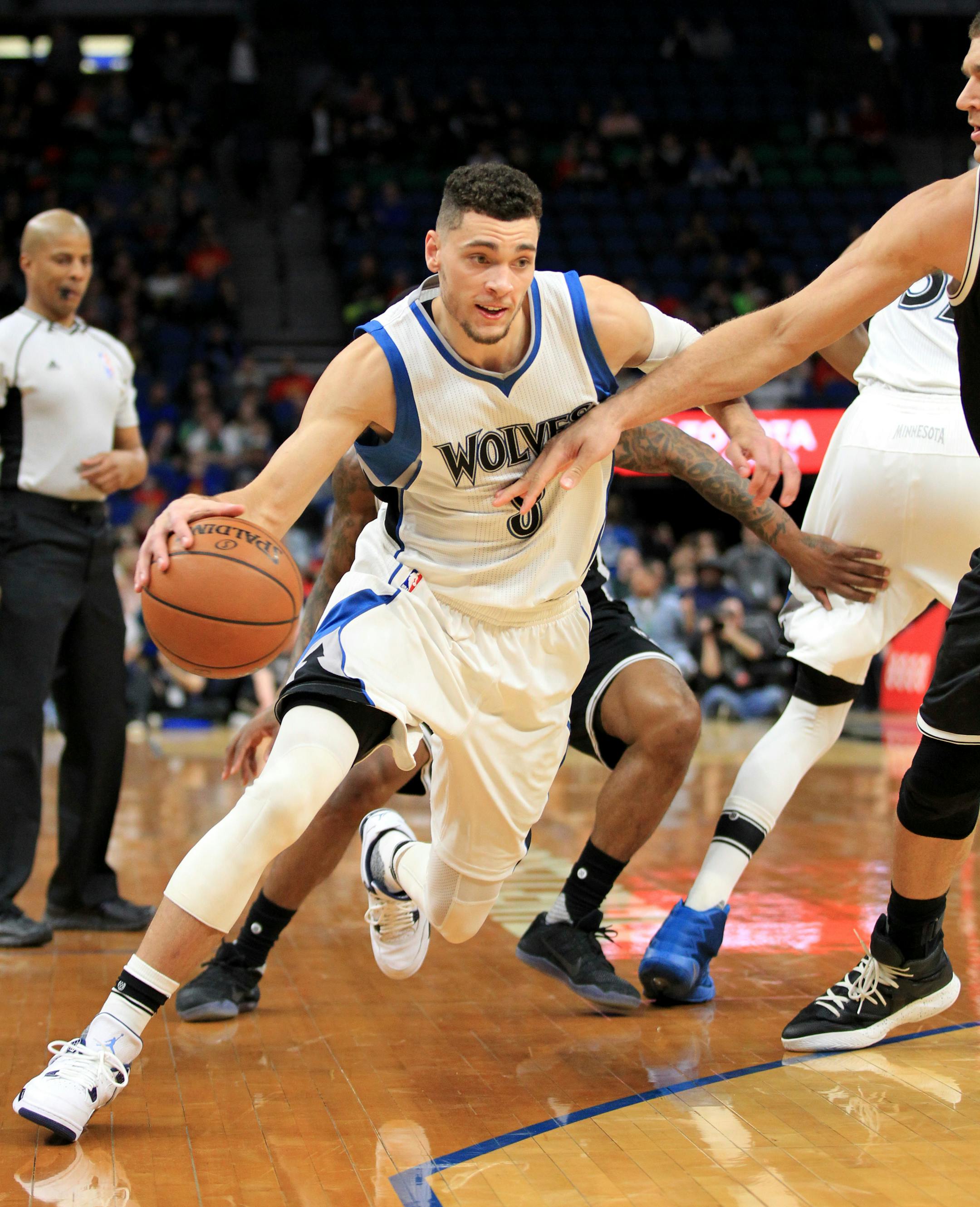 Minnesota Timberwolves guard Zach LaVine (8) drives against the Brooklyn Nets during the third quarter of an NBA basketball in Minneapolis, Saturday, Jan. 28, 2017. The Timberwolves defeated the Nets 129-109. .(AP Photo/Andy Clayton-King)