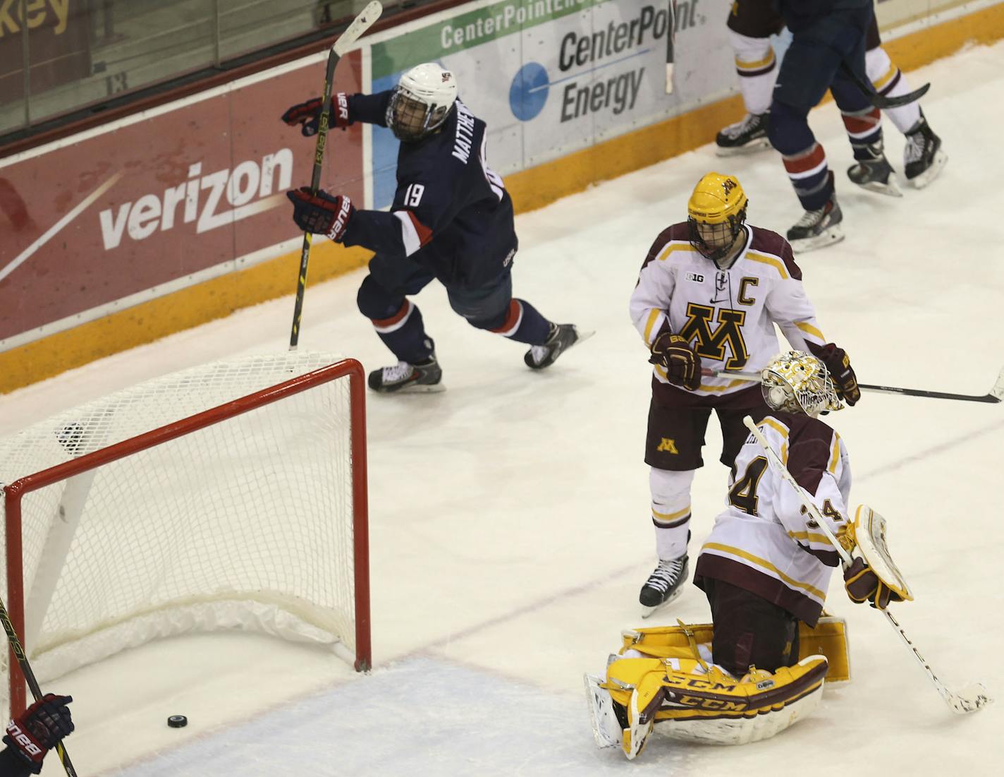 Auston Matthews (19) scored the game winner in overtime against the University of Minnesota giving the US U-18 team a 5-4 win during an exhibition game Friday, Nov. 21, 2014, at Mariucci Arena.