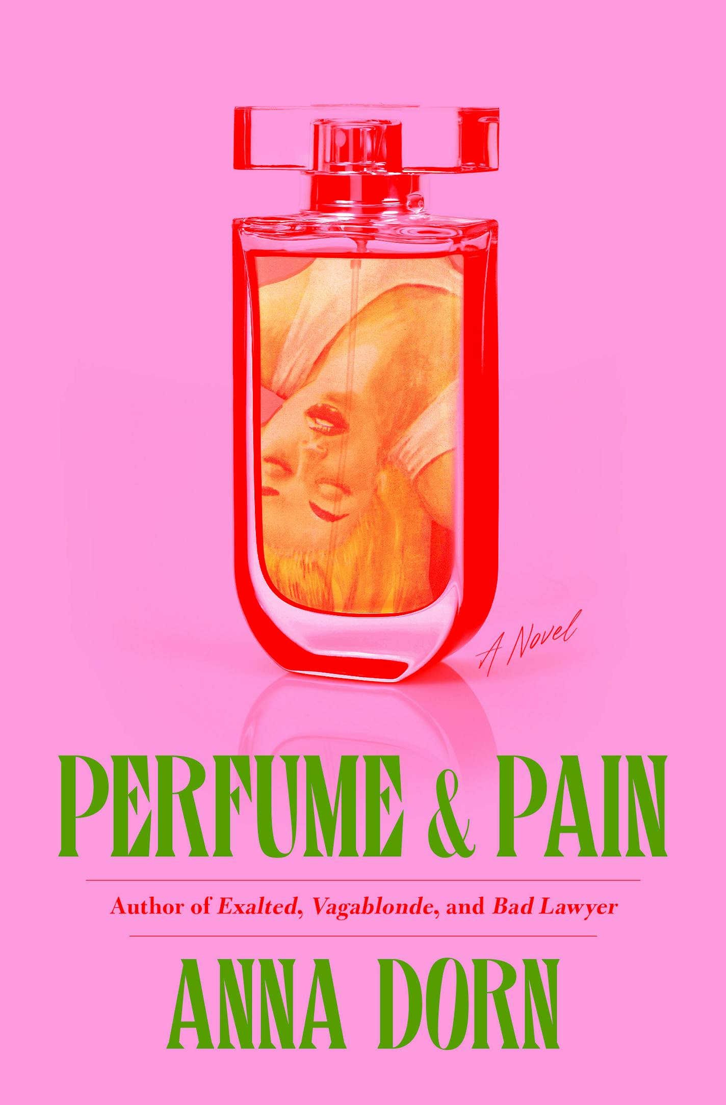 pink cover of "Perfume and Pain" features an illustration of a perfume bottle and a woman's face