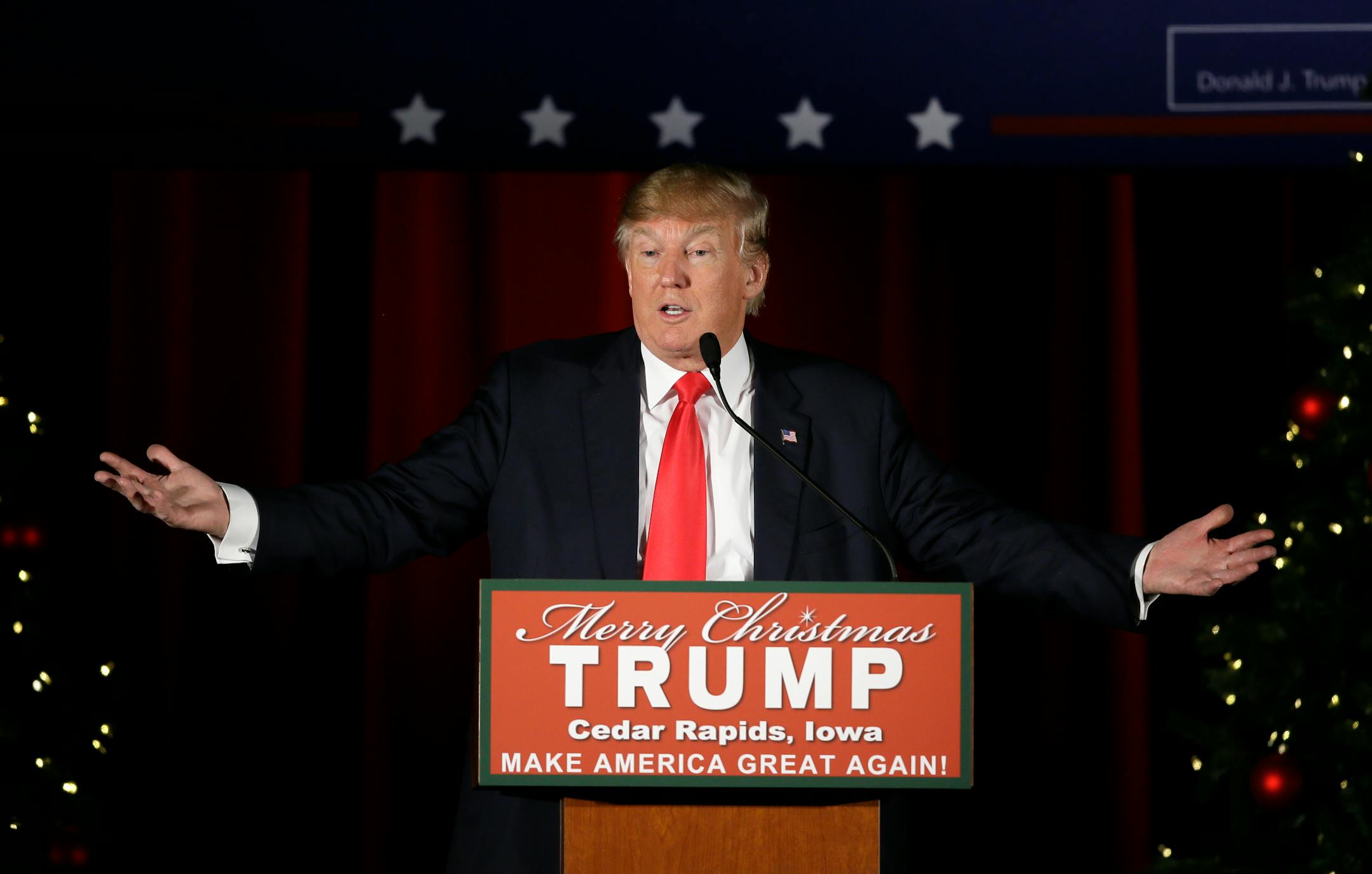 Republican presidential candidate Donald Trump speaks during a campaign rally at the Veterans Memorial Building, Saturday, Dec. 19, 2015, in Cedar Rapids, Iowa. (AP Photo/Charlie Neibergall)