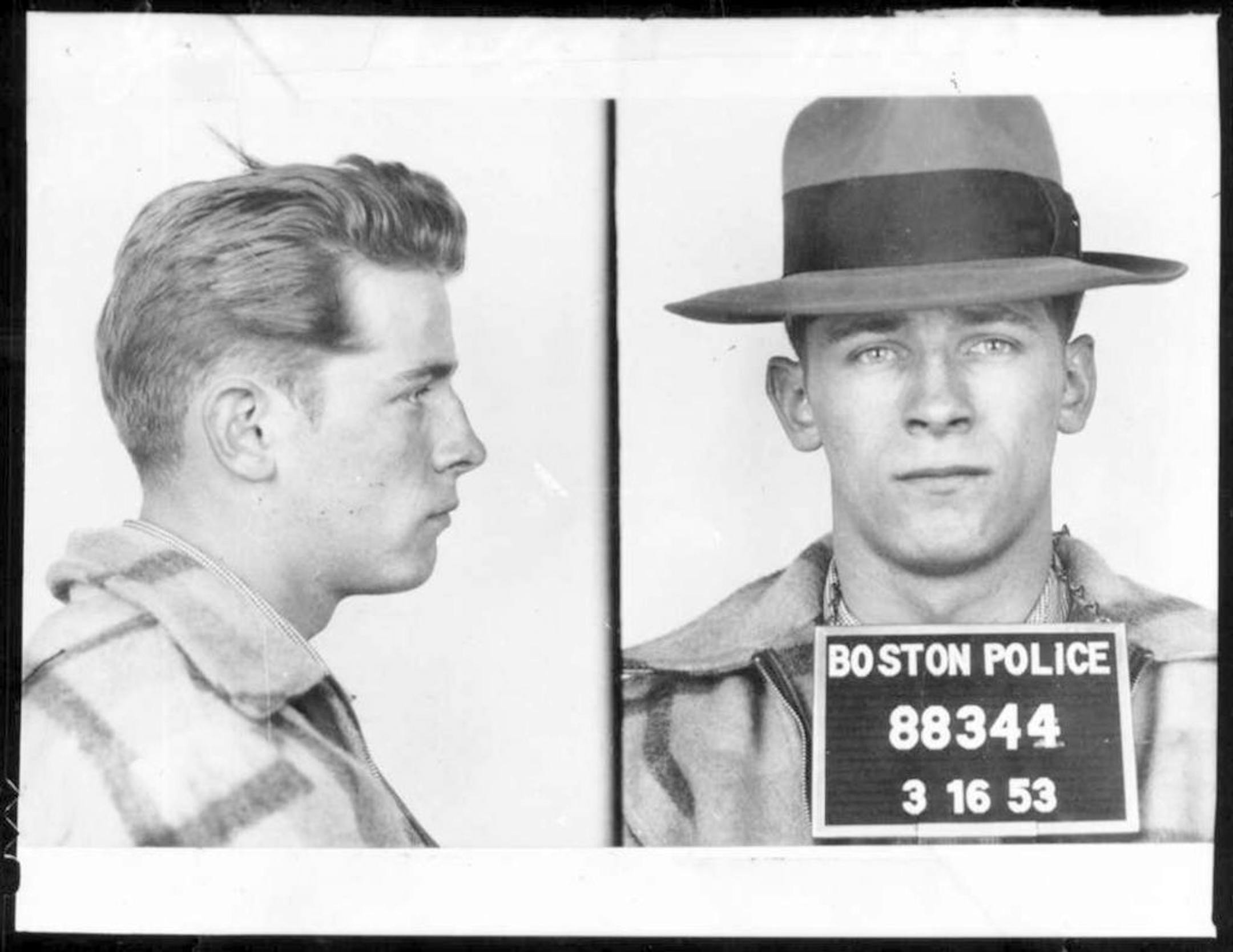 FILE - This 1953 Boston police booking file photo combo shows James "Whitey" Bulger after an arrest.