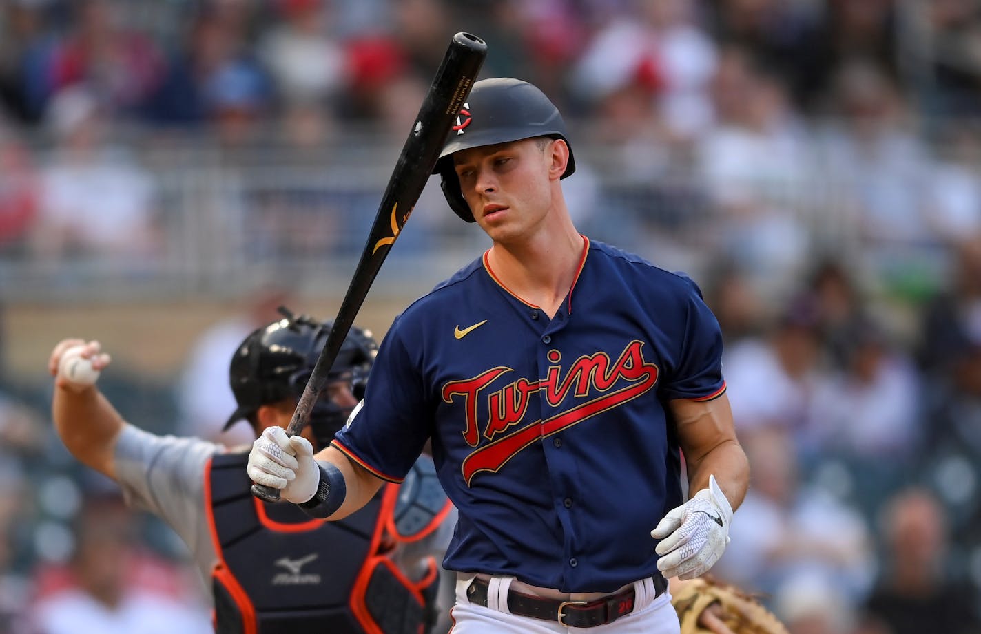 Minnesota Twins center fielder Max Kepler (26) walked back to the dugout after being struck out swinging in the bottom of the third inning against the Detroit Tigers.