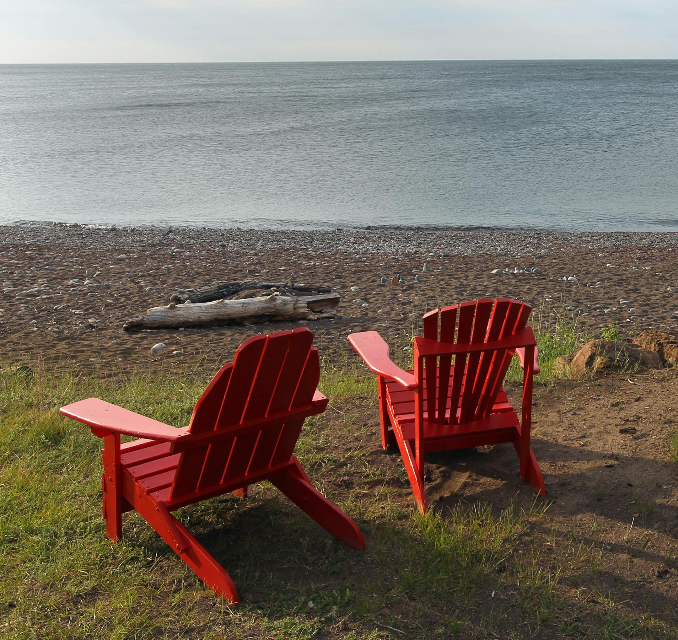 The chairs and view from the shoreline at the Naniboujou Lodge, about 15 miles up the shore from Grand Marais.