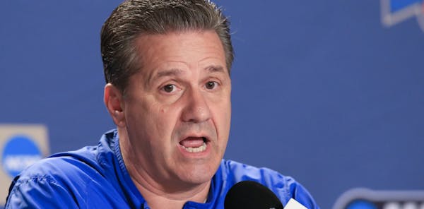 Kentucky coach John Calipari speaks during a news conference ahead of a second-round men's college basketball game in the NCAA Tournament in Des Moine