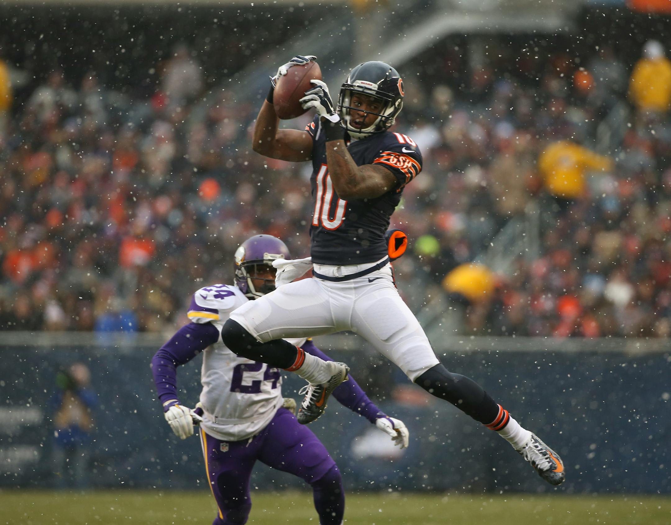 Chicago Bears wide receiver Marquess Wilson (10) catches a first quarter pass in front of Vikings cornerback Captain Munnerlyn Sunday, Nov. 16, 2014 at Soldier Field in Chicago. The Vikings lost to the Bears 21-13.