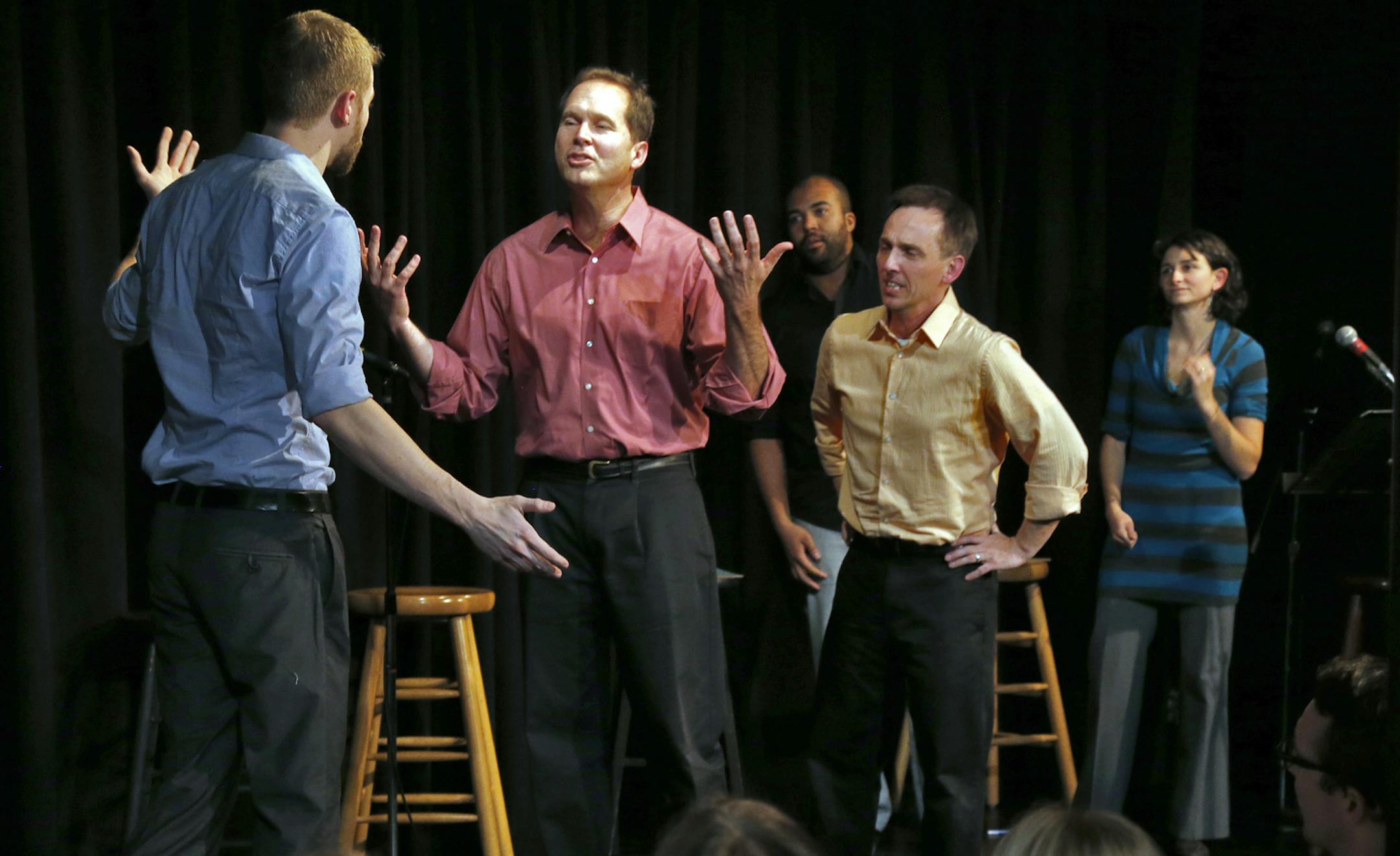 Performers from the Theatre of Public Policy at Bryant Bowl in Minneapolis interviewed Minneapolis mayoral candidates, then presented an improv performance based on the discussions. Performers with improv presentation. (MARLIN LEVISON/STARTRIBUNE(mlevison@startribune.com)