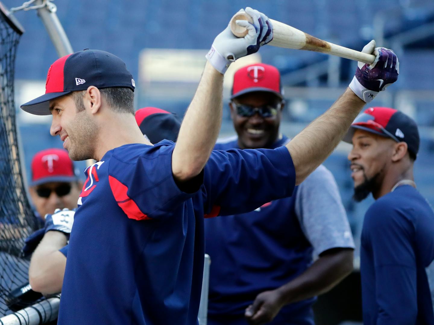 The Twins' Joe Mauer stretched during a workout at Yankee Stadium on Monday. The Twins face the Yankees in the American League wild-card playoff game Tuesday.