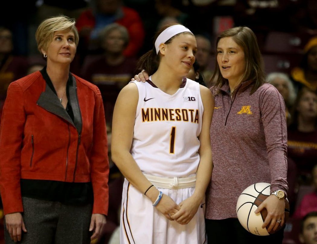 After Rachel Banham became the Gophers all-time leading scorer, she watched a tribute video with Lindsay Whalen before a game against Memphis in 2015. Whalen, currently the U's coach, had held that record.
