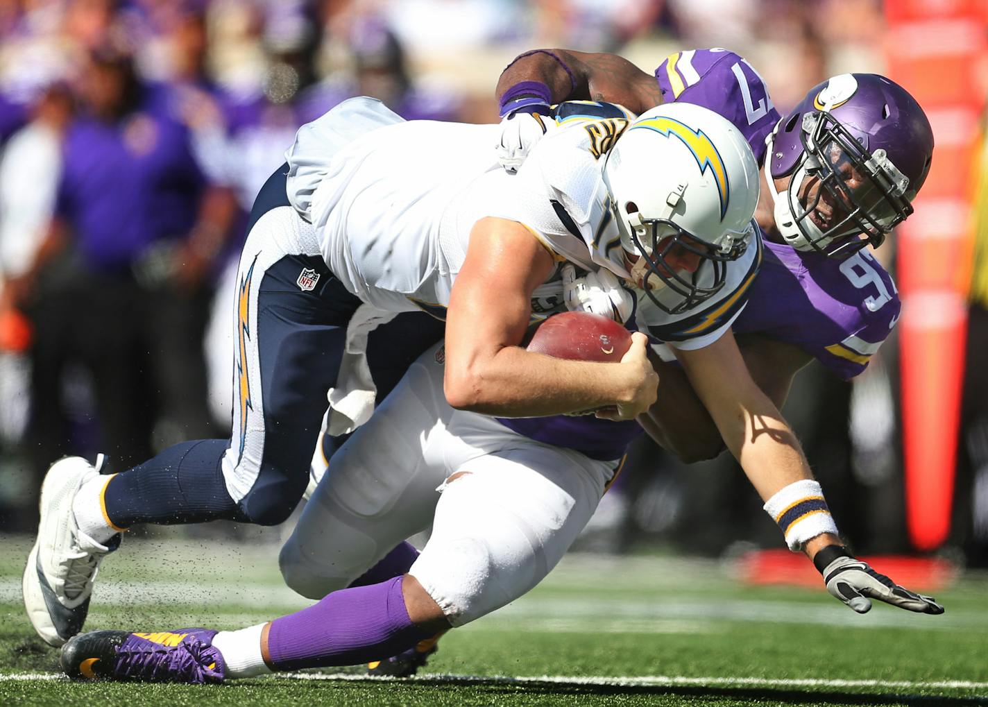 Minnesota Vikings defensive end Everson Griffen (97) sacked San Diego Chargers quarterback Philip Rivers (17) in the second quater Sunday September 27, 2015 in Minneapolis, MN. ] The Minnesota Vikings hosted the San Diego Chargers . Jerry Holt/ Jerry.Holt@Startribune.com