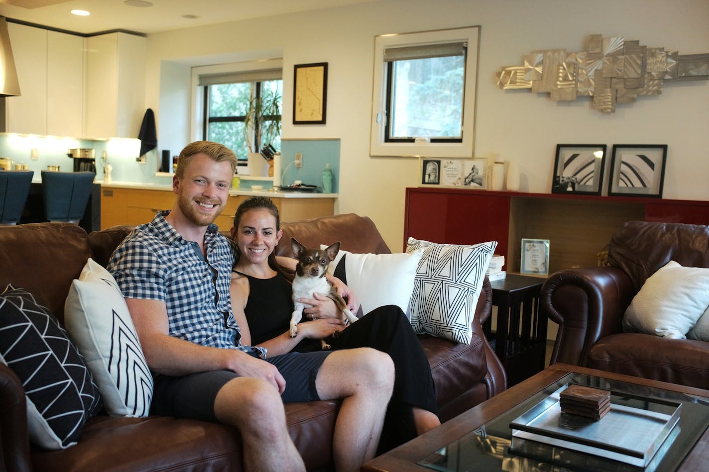 Mike and Lily Schenkenberg, with dog Gio, bought this smartly updated Edina home that was the perfect size for the couple, who was looking to upsize from a condo.