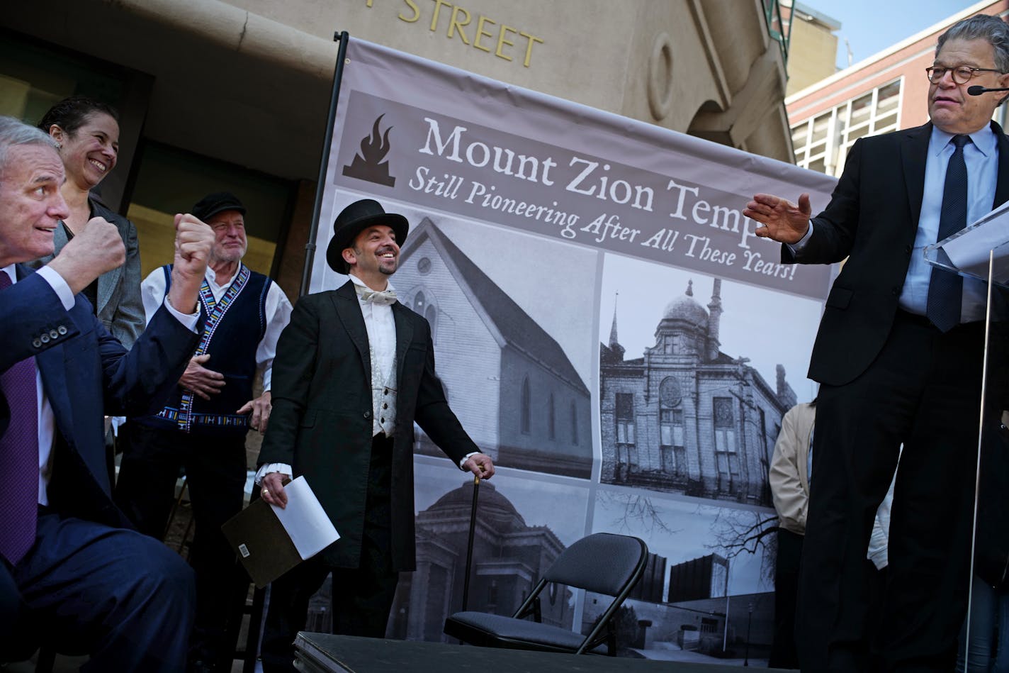 Senator Al Franken, right, joked with Governor Mark Dayton about him being a gentile at the site of the original Mount Zion Temple. In the center is Rabbi Adam Stock Spiker.]Mount Zion, the first synagogue in the midwest marks its 160th Anniversary.Richard Tsong-Taatarii�richard.tsong-taatarii@startribune.com