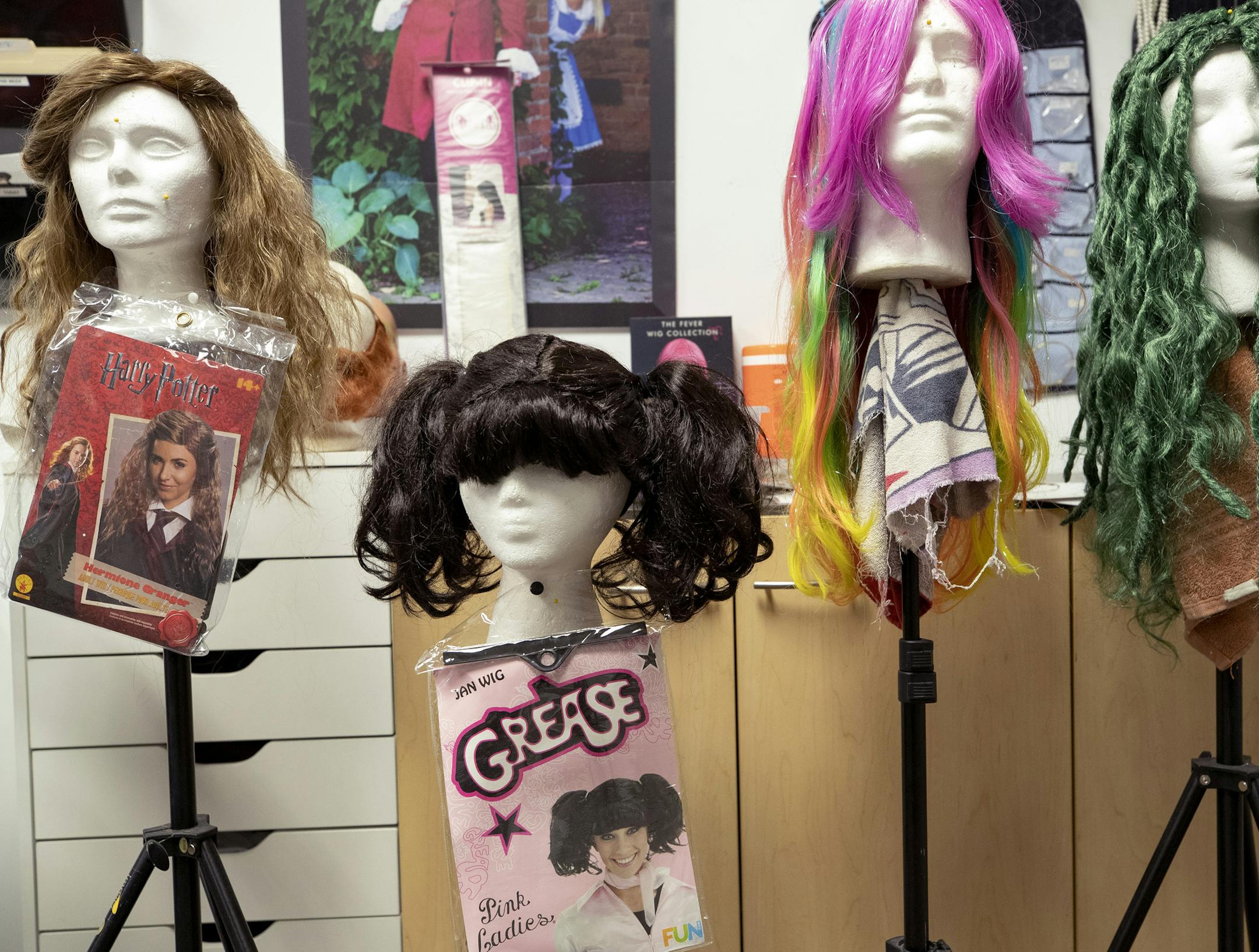 Wigs in the photo studio at HalloweenCostumes.com in North Mankato. ] CARLOS GONZALEZ • cgonzalez@startribune.com – North Mankato, MN – October 15, 2019, HalloweenCostumes.com is one of the largest online costume retailers in the world--and it's in Mankato, started by Tom Fallenstein, who started a family business renting out costumes his mom had made for him and his sisters.