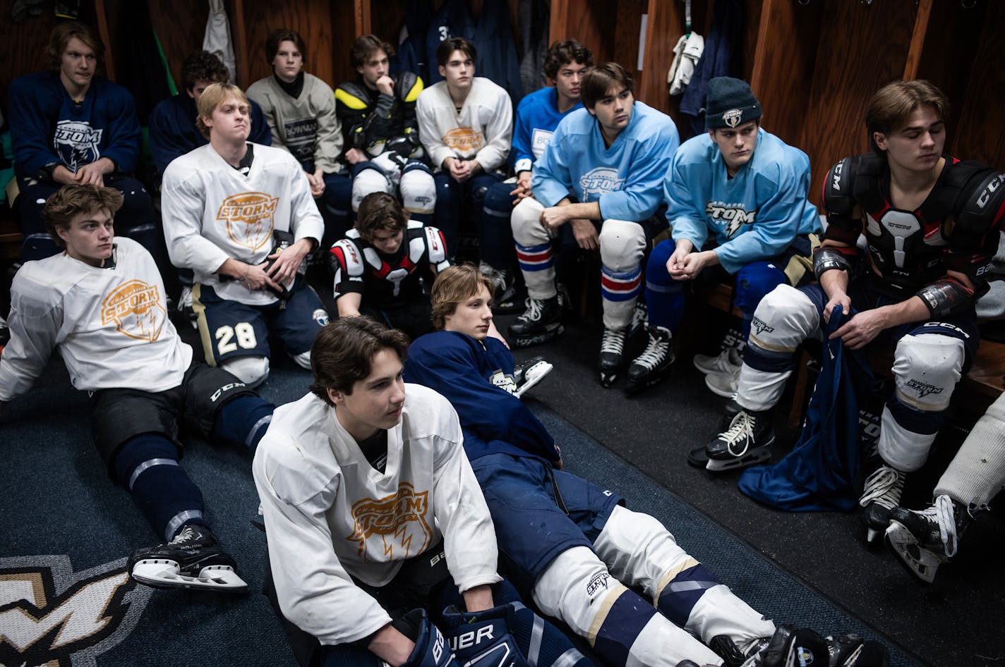 Players listen as head coach Sean Bloomfield gives instructions on the practice in Victoria, Minn., on Tuesday, Jan. 9, 2024. This is a story on Chanhassen boys hockey and what it takes to be one of the elite teams in the state. ] RICHARD TSONG-TAATARII • richard.tsong-taatarii @startribune.com