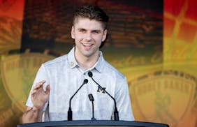 Adam Fantilli of Michigan was honored with the Hobey Baker Award on Friday in Tampa, Fla.