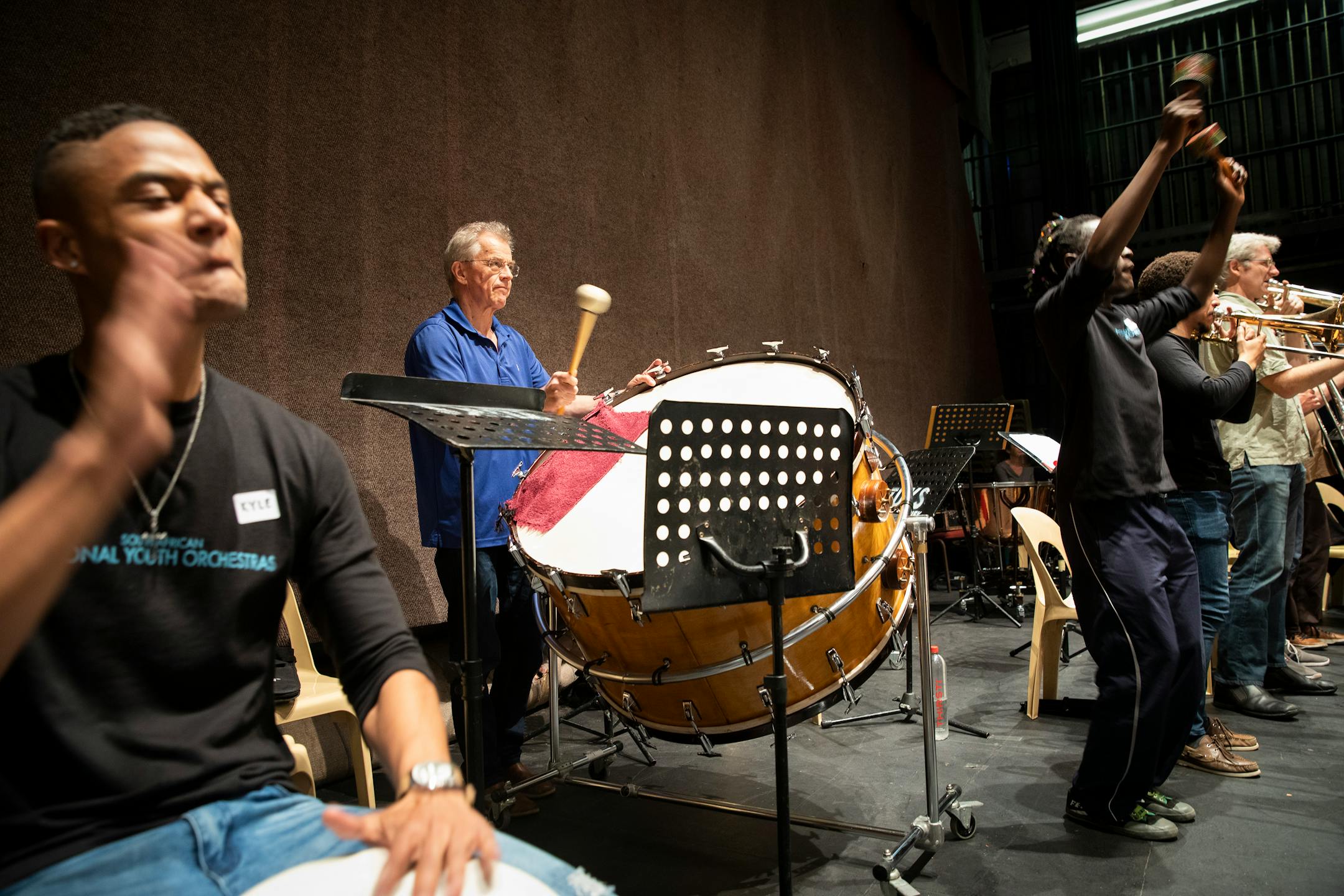 Vänskä jumped on the bass drum for a South African song during the side-by-side rehearsal with the South African Youth Orchestra at the University of Pretoria on Aug. 15, 2018.
