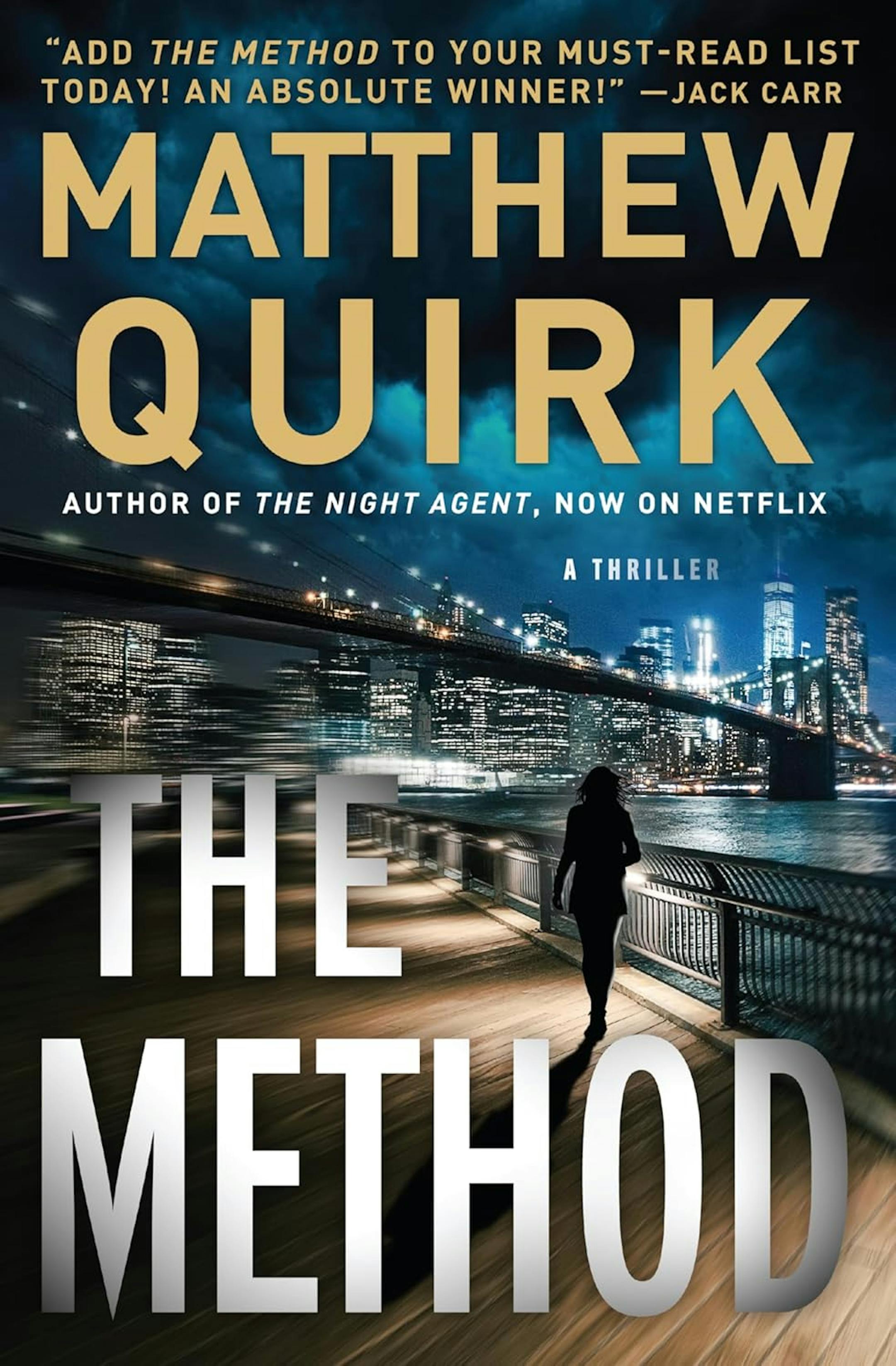 cover of The Method is an illustration of a silhouetted woman, with a downtown city and a bridge in the background