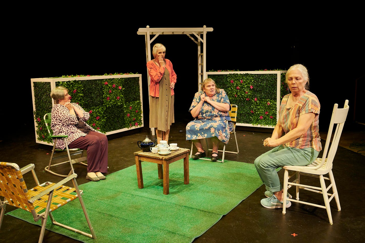 Cheryl Willis, Janis Hardy, Maria Asp and Barbra Berlovitz play women gathering for a free-associative chat in "Escaped Alone."