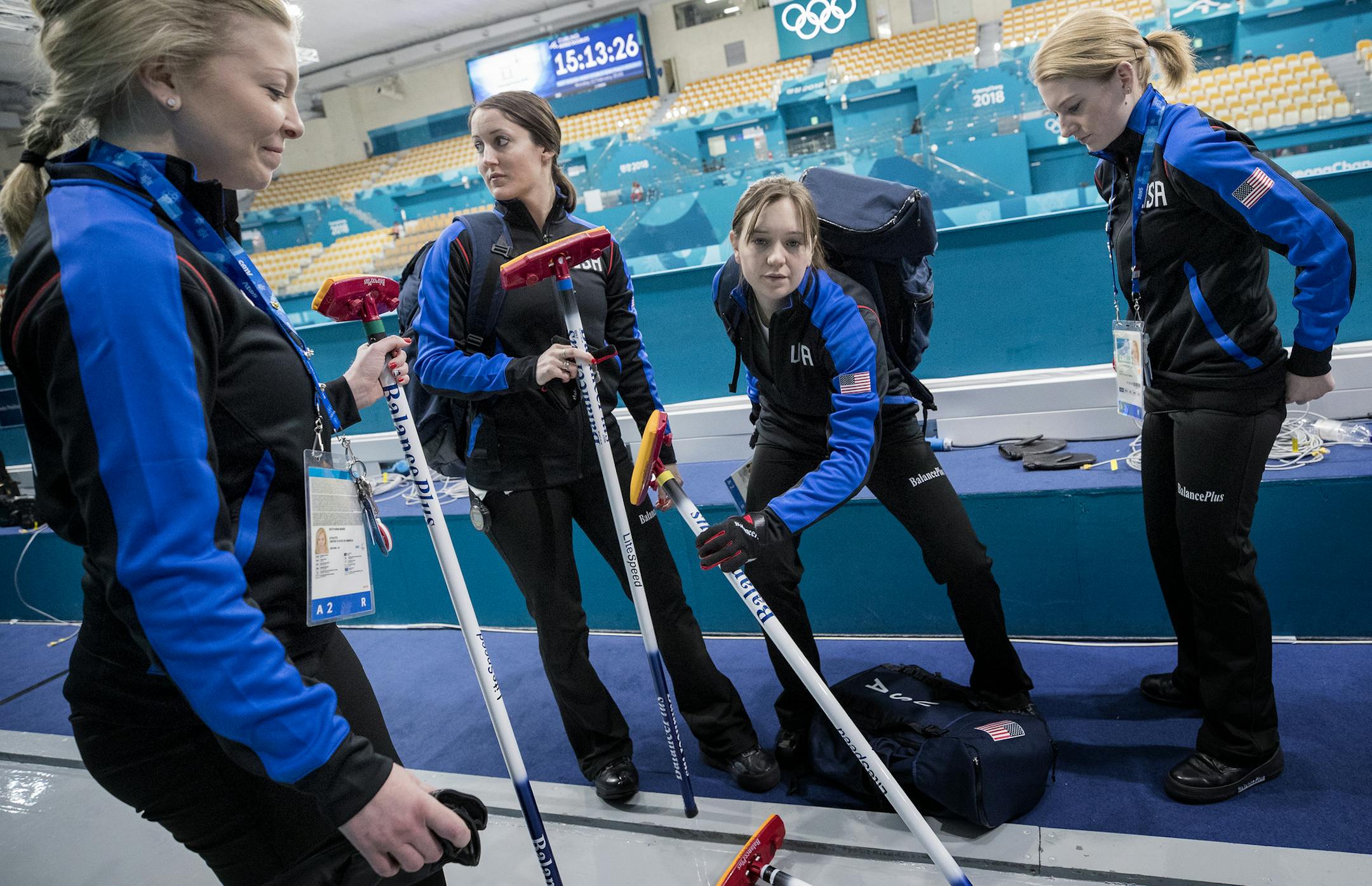 Team USA Curlers Nina Roth, Tabitha Peterson, Aileen Geving and Corey Christensen prepared to take the ice for practice on Monday at the Gangneung Curling Center. ] CARLOS GONZALEZ • cgonzalez@startribune.com - February 12, 2018, South Korea, 2018 Pyeongchang Winter Olympics,