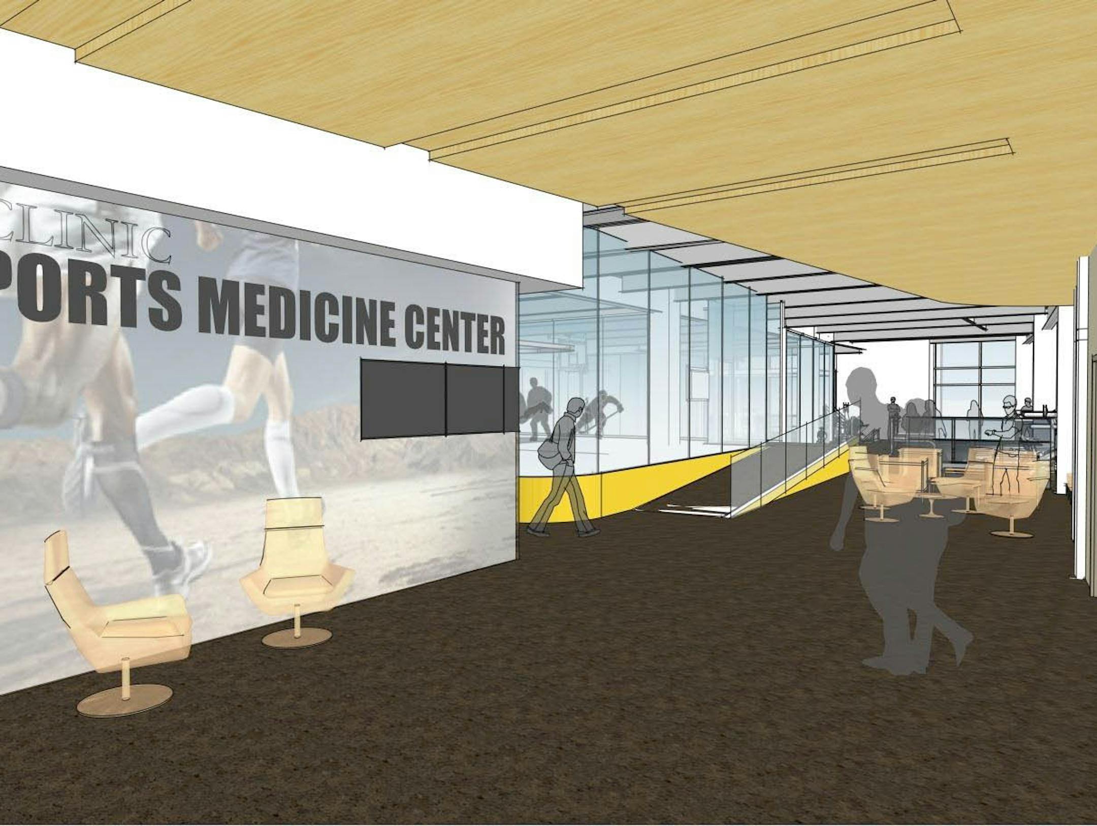 Renderings of a Mayo Clinic expansion of its sports medicine center. The facility is expected to open in the Dan Abraham Healthy Living Center by May 2014.