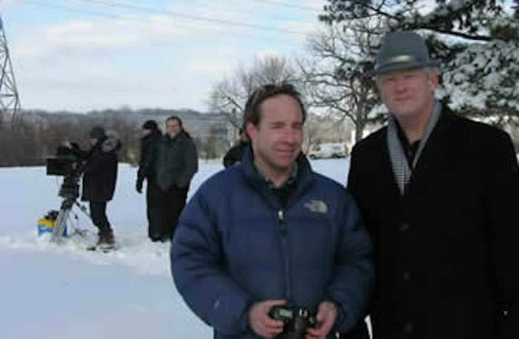 The movie "360," starring Anthony Hopkins, filmed scenes outside the Stillwater prison on Feb. 22. Pictured are location scout Tobias Shapiro (front left), Warden John King (front right), and Director Fernanda Meirelles (facing forward in back).