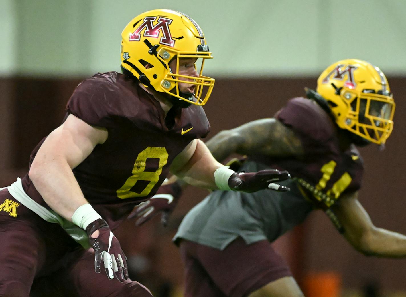 Minnesota Gophers defensive lineman Thomas Rush (8) runs a drill during practice Tuesday, April 5, 2022 at the University of Minnesota Athletes Village football training facility in Minneapolis, Minn. ] AARON LAVINSKY• Aaron.lavinsky@startribune.com ORG XMIT: MIN2204051814220129