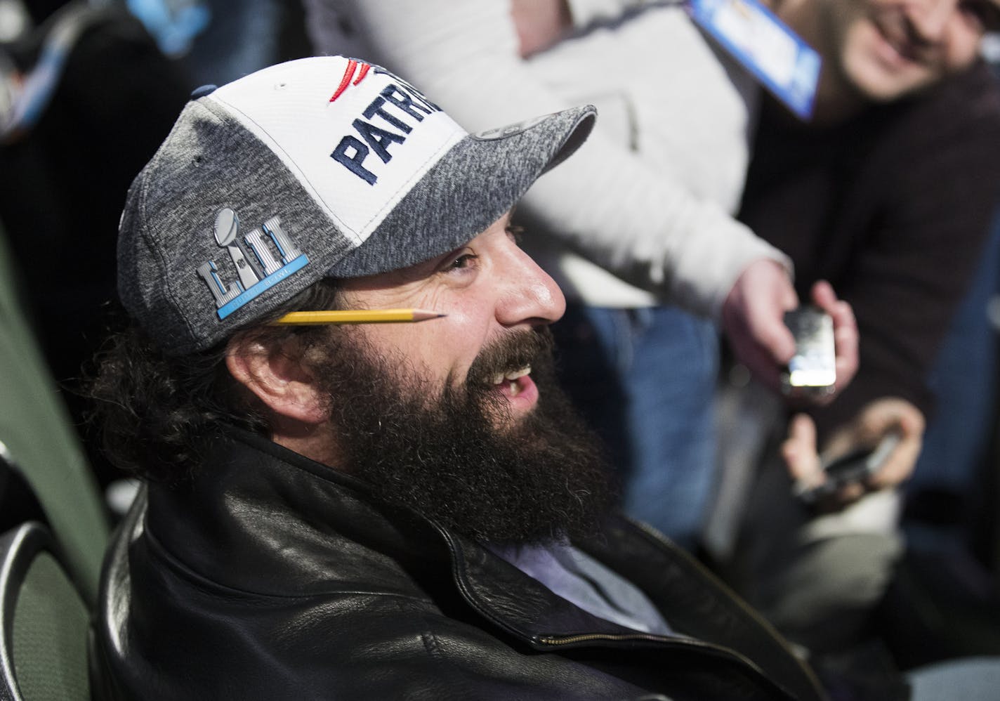 Matt Patricia talked to reporters during Super Bowl week. He was defensive coordinator of the New England Patriots at the time.