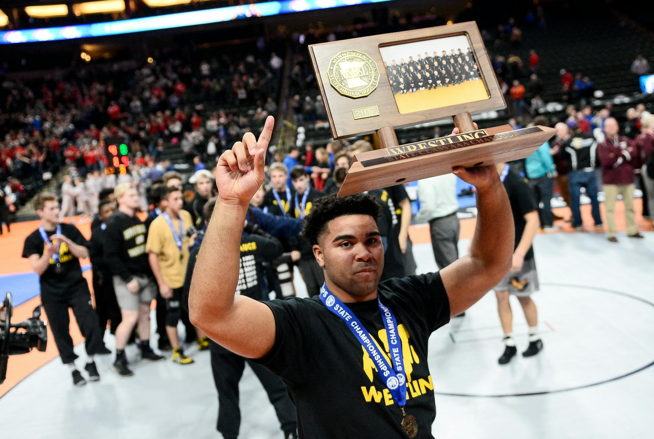Apple Valley's Gable Steveson celebrated with the 3A state wrestling team championship title Thursday night after defeating Anoka. ] AARON LAVINSKY ï aaron.lavinsky@startribune.com The Class 1A, 2A and 3A state wrestling team championships were held Thursday, March 2, 2017 at Xcel Energy Center in St. Paul, Minn.