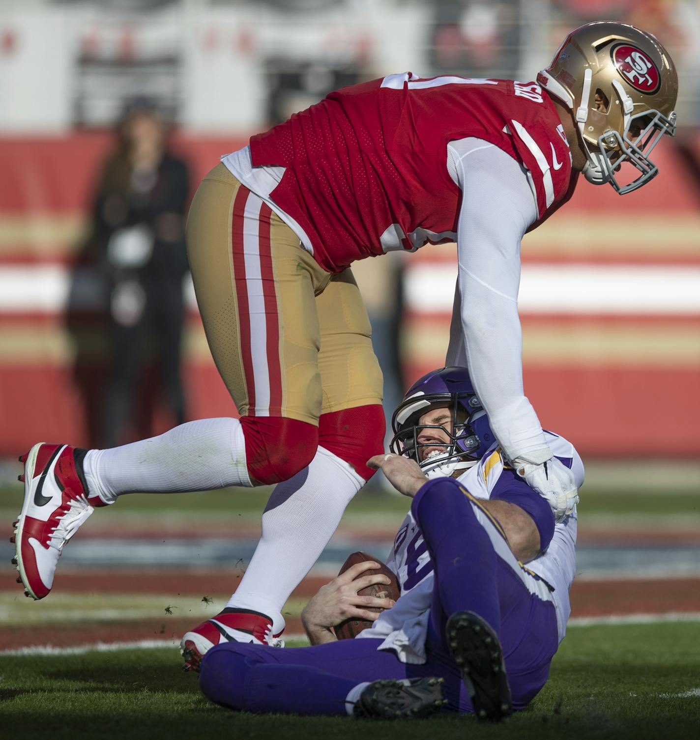 San Francisco 49ers defensive end Arik Armstead sacked Minnesota Vikings quarterback Kirk Cousins during the second quarter. ] ELIZABETH FLORES &#x2022; liz.flores@startribune.com The Minnesota Vikings take on the San Francisco 49ers in a playoff game at Levi's Stadium, Saturday, January 11, 2020 in Santa Clara, CA.