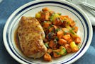 Cider and Mustard Glazed Chicken Breasts with Saut&#xe9;ed Sweet Potatoes and Apples.