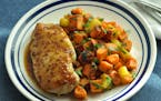 Cider and Mustard Glazed Chicken Breasts with Saut&#xe9;ed Sweet Potatoes and Apples.