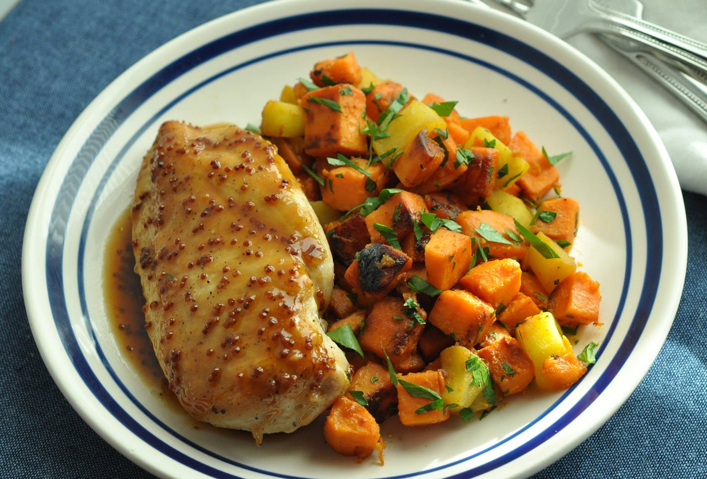 Cider and Mustard Glazed Chicken Breasts with Saut&#xe9;ed Sweet Potatoes and Apples.