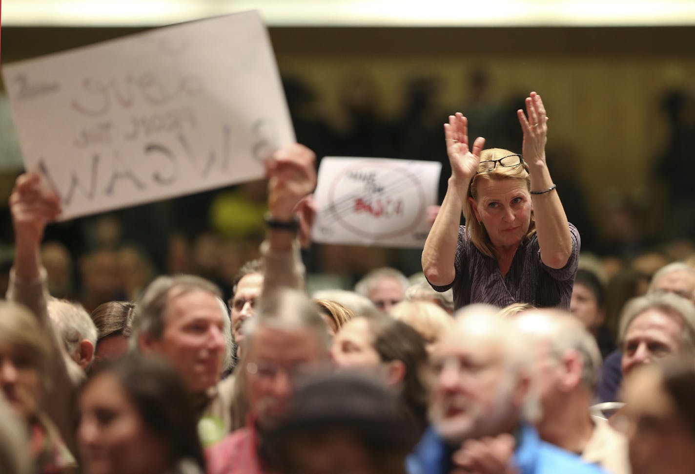 The third public hearing on the Supplemental Draft Environmental Impact Statement for PolyMet's proposed NorthMet mine took place Tuesday night, January 28, 2013 at RiverCentre in St. Paul. Several in the crowd stood to applaud comments in opposition to the mine by Cecelia Newton of Minneapolis.