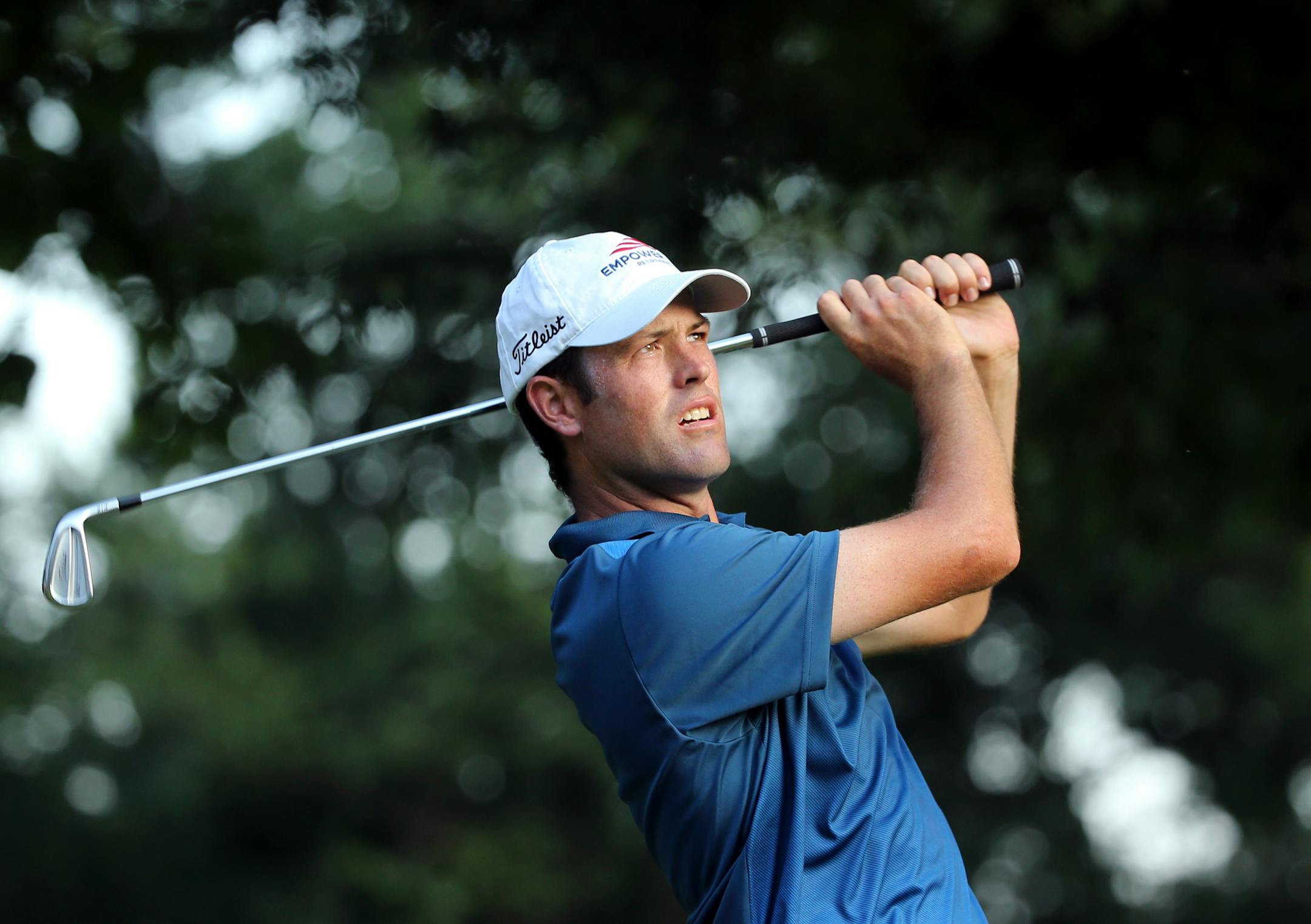 Robert Streb watches his tee shot on the eighth hole during the second round of the PGA Championship golf tournament at Baltusrol Golf Club in Springfield, N.J., Friday, July 29, 2016. (AP Photo/Seth Wenig)