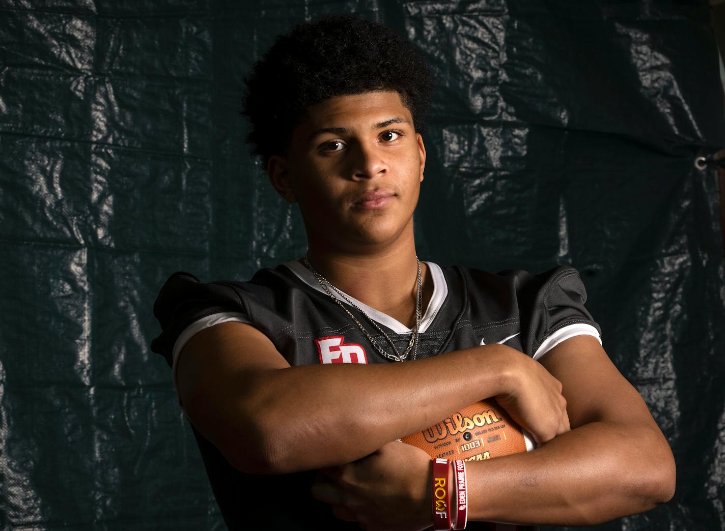 The sky's the limit for Trey Bixby, who will be signing with the Minnesota Gophers on Wednesday. Trey Bixby, a defensive lineman for Eden Prairie High School, was photographed on Monday, Dec. 13, 2021 in Eden Prairie, Minn. ] Elizabeth Flores • liz.flores@startribune.com ORG XMIT: MIN2112131604179912